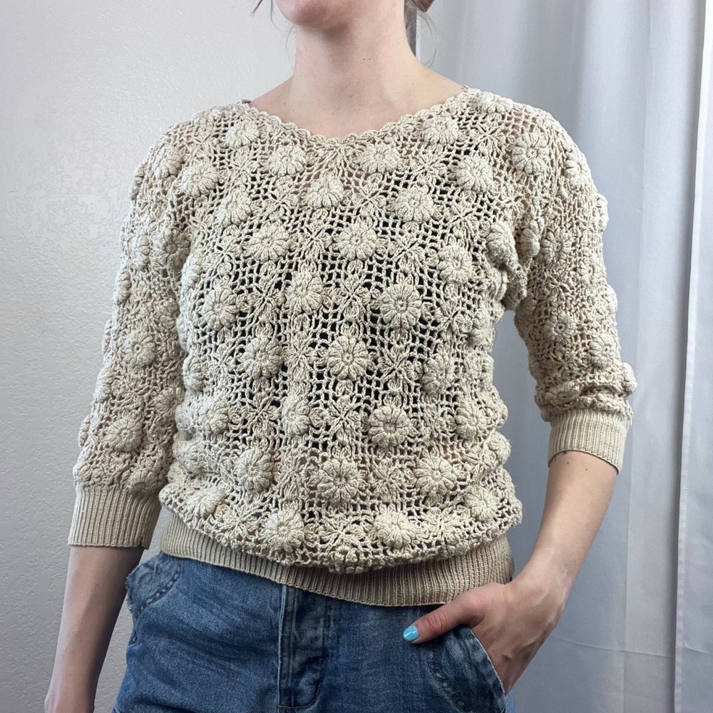 Vintage Y2K Hand Crochet Sweater S/M‎ 3D Floral Cotton Fairy Cottage Coastal